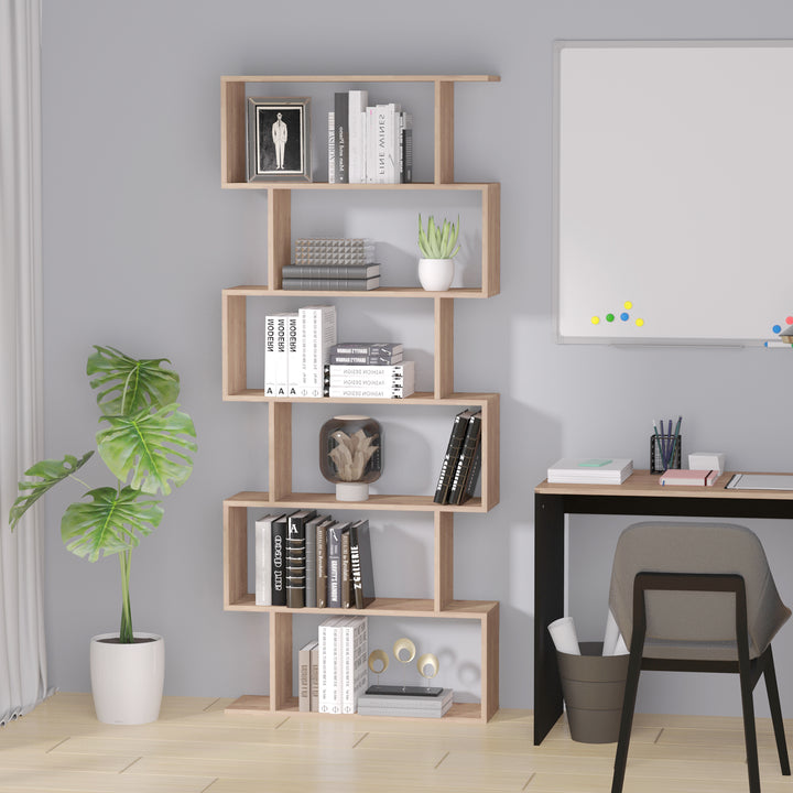Wooden Wood S Shape Storage Display 6 Shelves Room Divider Unit Chest Bookshelf Bookcase Cupboard Cabinet Home Office Furniture (Maple)