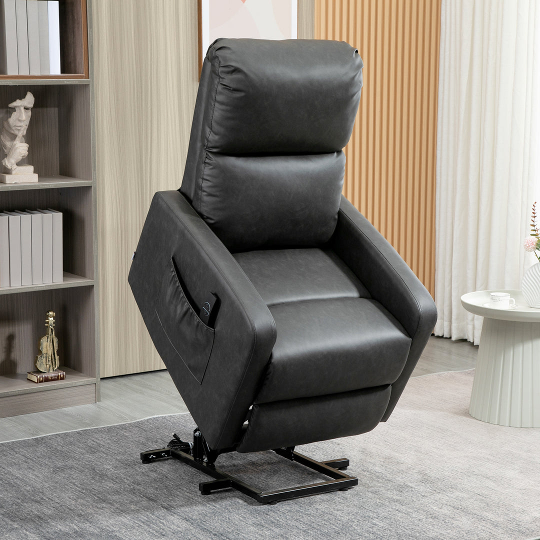 Riser and Recliner Chairs for the Elderly, PU Leather Upholstered Lift Chair for Living Room with Remote Control, Side Pockets, Charcoal Grey