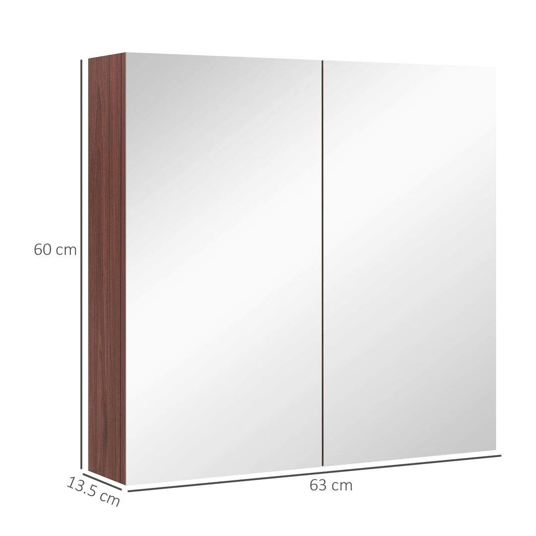 Wall Mounted Glass Bathroom Mirror Cabinet Storage Shelf, 63Wx60Hx13.5T cm-Light Walnut