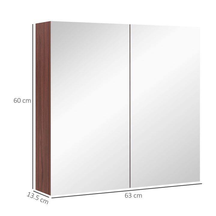 Wall Mounted Glass Bathroom Mirror Cabinet Storage Shelf, 63Wx60Hx13.5T cm-Light Walnut