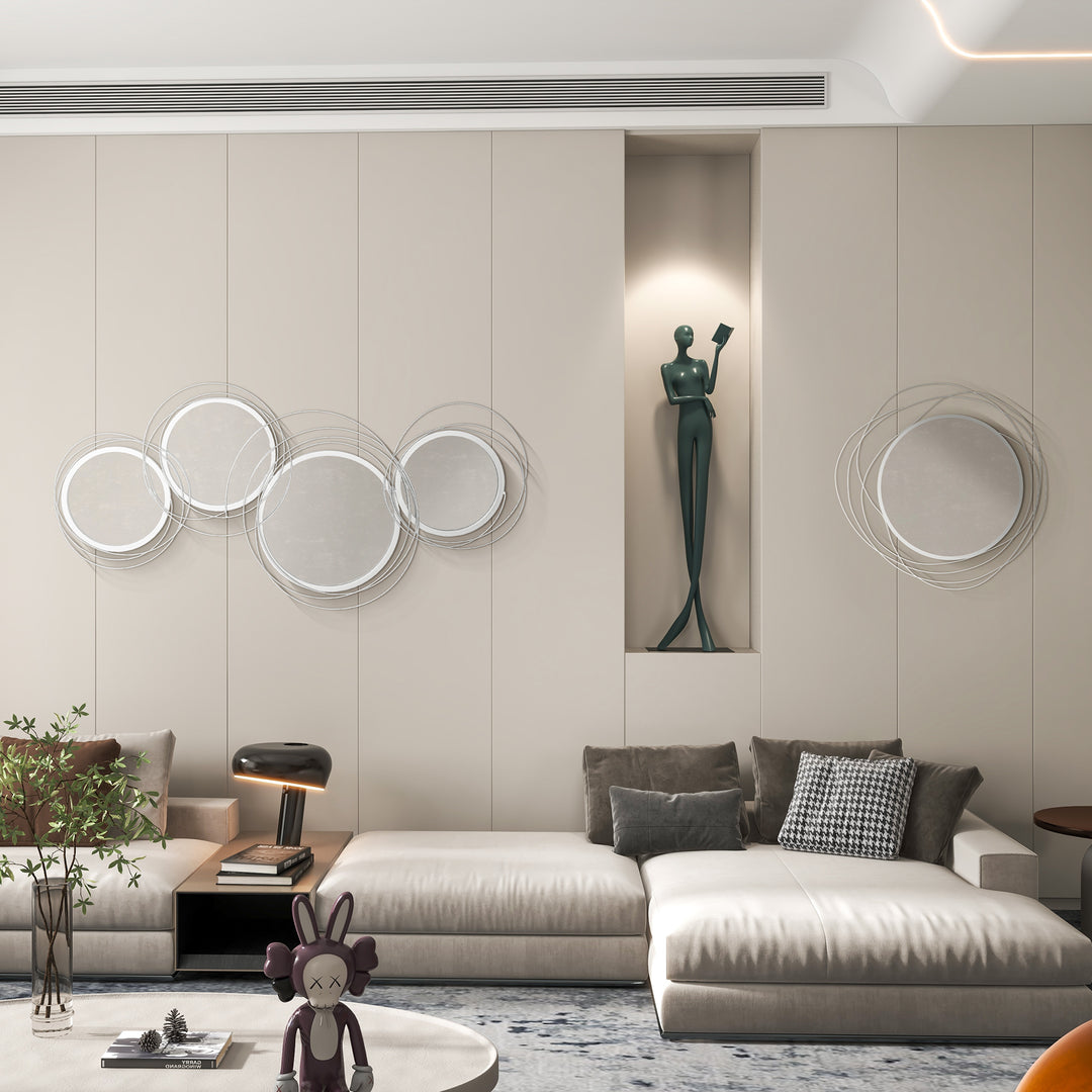 Metal Wall Art Modern Decorative Mirror Decor Hanging Home Wall Sculptures for Living Room Bedroom Dining Room, Silver