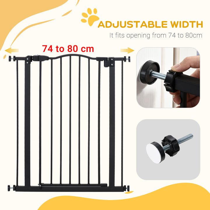 PawHut 74-84cm Adjustable Metal Pet Gate Safety Barrier w/ Auto-Close Door Double Locking Easy-Open Doors Stairs Home Frames Black