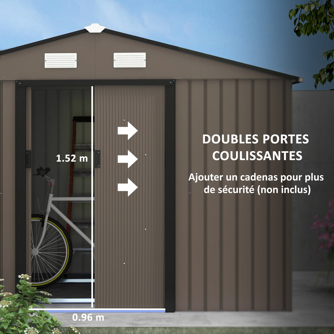 9 x 6FT Garden Metal Storage Shed Outdoor Storage Shed with Foundation Ventilation & Doors, Brown