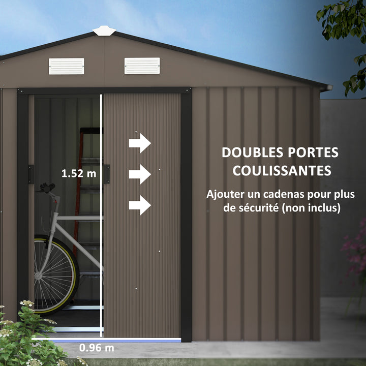9 x 6FT Garden Metal Storage Shed Outdoor Storage Shed with Foundation Ventilation & Doors, Brown