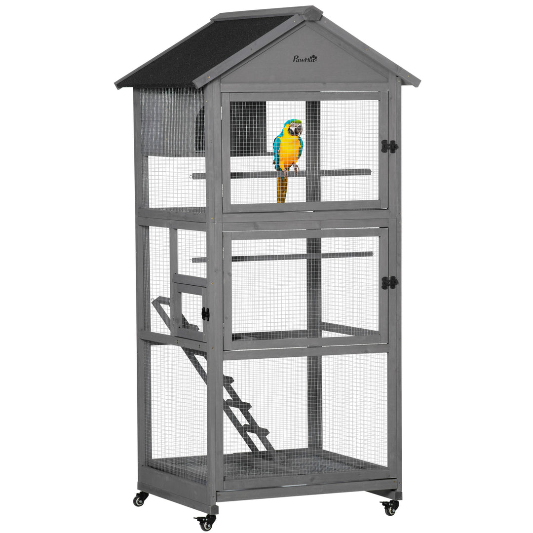 PawHut Bird Cage Mobile Wooden Aviary House for Canary Cockatiel Parrot with Wheel Perch Nest Ladder Slide-out Tray 86 x 78 x 180cm Dark Grey