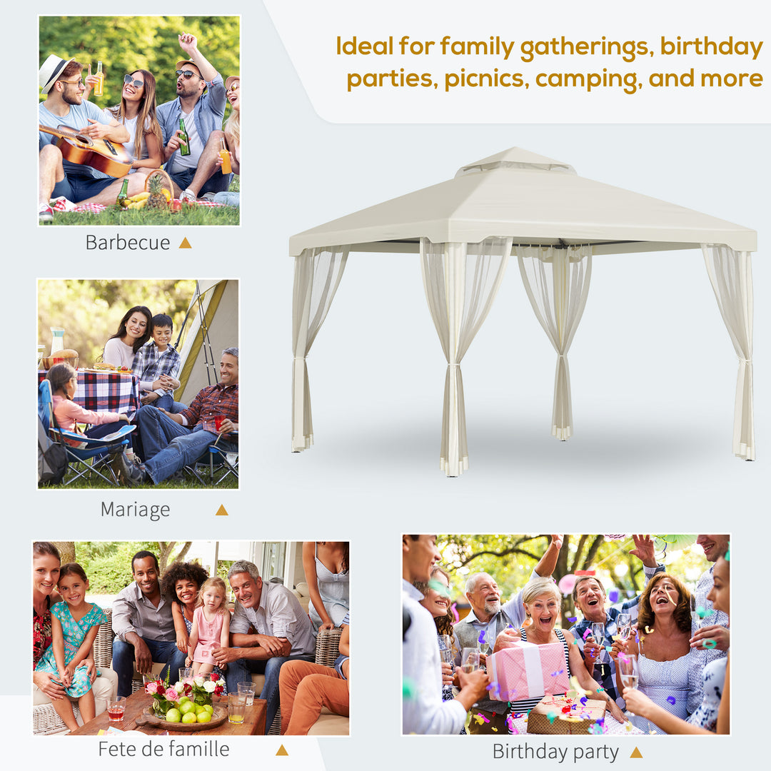 Outsunny 3 x 3 Meter Metal Gazebo Garden Outdoor 2-tier Roof Marquee Party Tent Canopy Pavillion Patio Shelter with Netting - Cream White