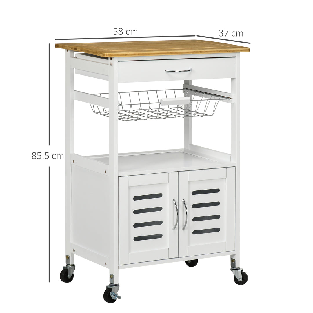 Rolling Kitchen Island Trolley Utility Cart on Wheels with Bamboo Table Top, Storage Cabinet, Drawer and Wire Basket - White