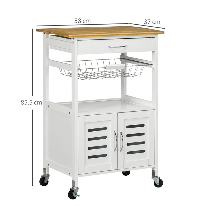 Rolling Kitchen Island Trolley Utility Cart on Wheels with Bamboo Table Top, Storage Cabinet, Drawer and Wire Basket - White