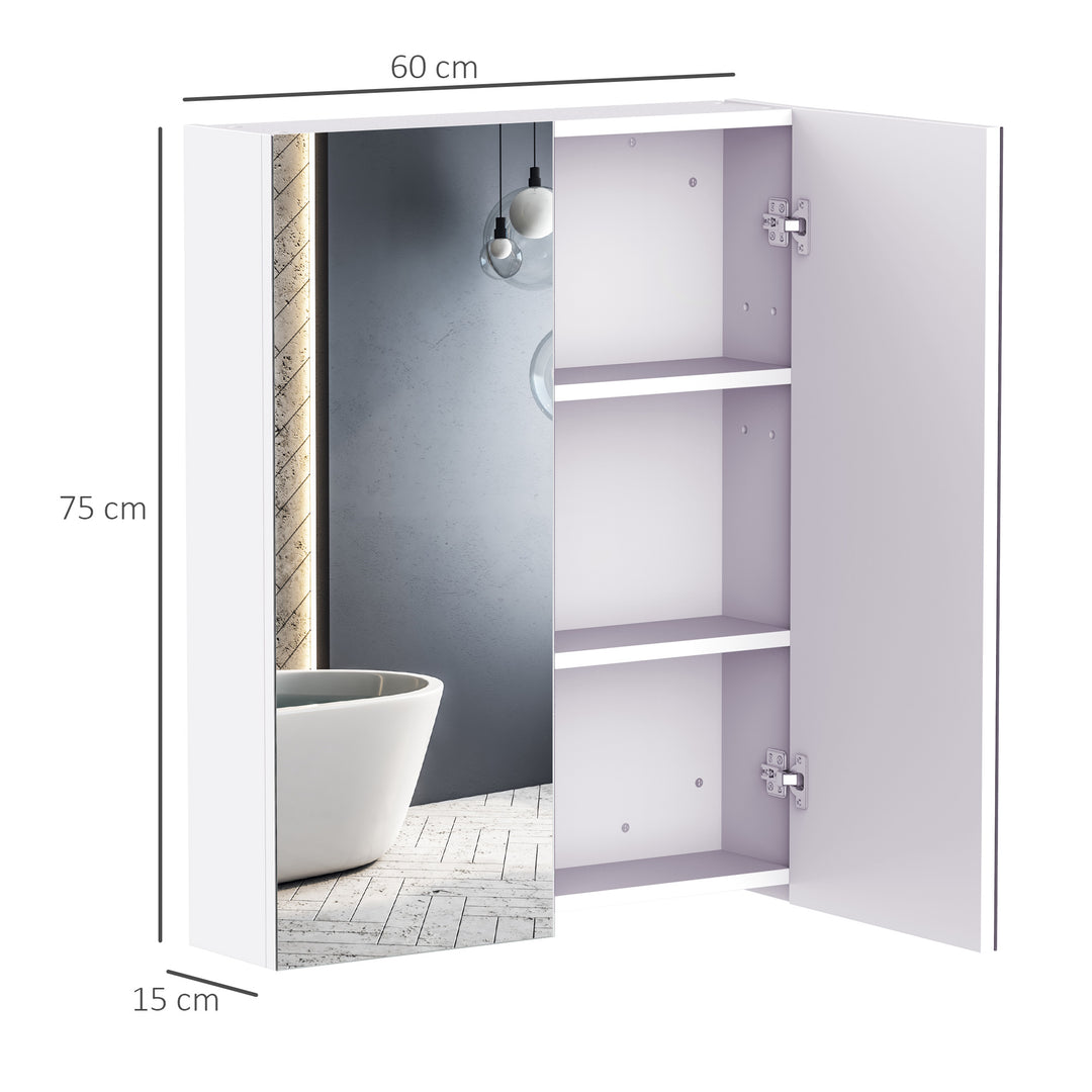Bathroom Mirror Cabinet Wood Storage Shelf Wall Mount Double Door Cupboard Adjustable 60Wx15Dx75H - White