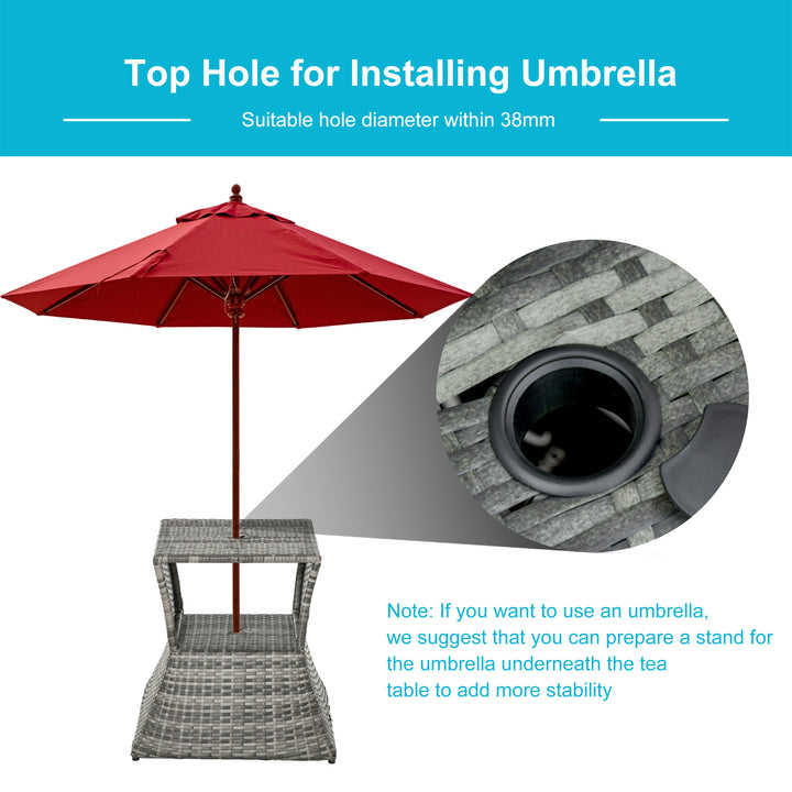 Outdoor Patio Rattan Wicker Coffee Table Bistro Side Table w/ Umbrella Hole and Storage Space, Grey