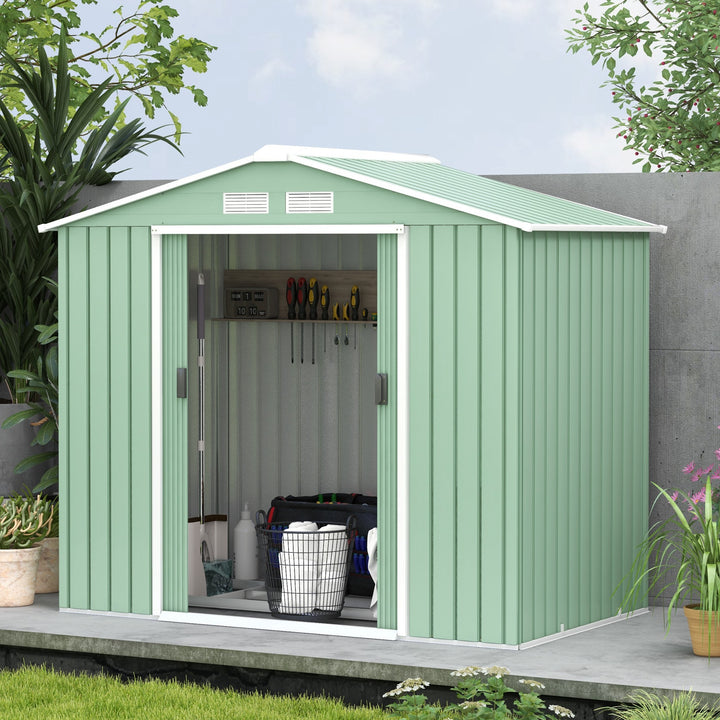 7ft x 4ft Lockable Garden Metal Storage Shed Large Patio Roofed Tool Storage Building Foundation Sheds Box Outdoor Furniture, Light Green
