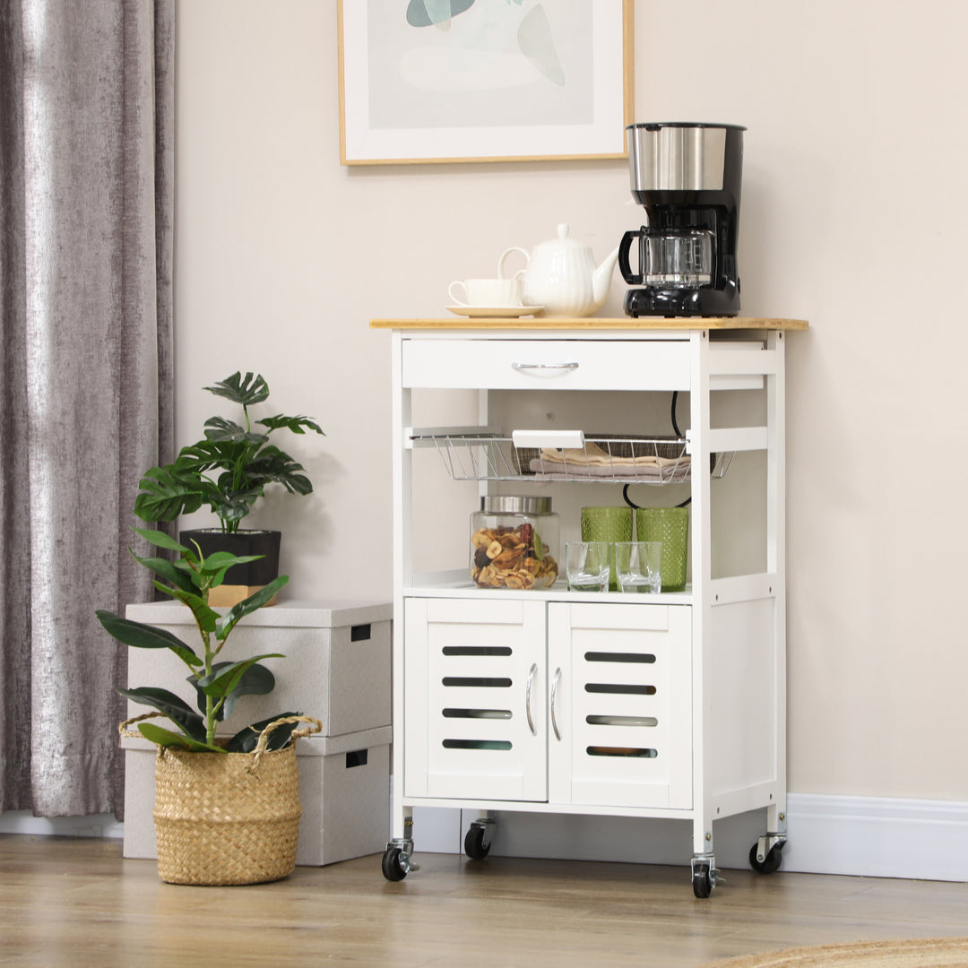 Rolling Kitchen Island Trolley Utility Cart on Wheels with Bamboo Table Top, Storage Cabinet, Drawer and Wire Basket - White