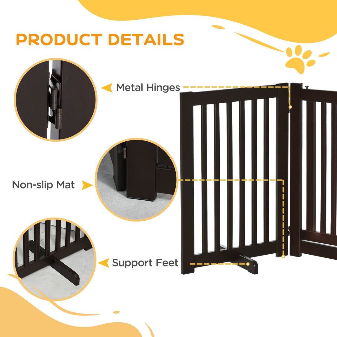 Pet Gate Freestanding Dog Gate For Stairs Wood Doorway Safety Pet Barrier Fence Foldable w/ Latch Support Feet Deep Brown, 155 x 76 cm