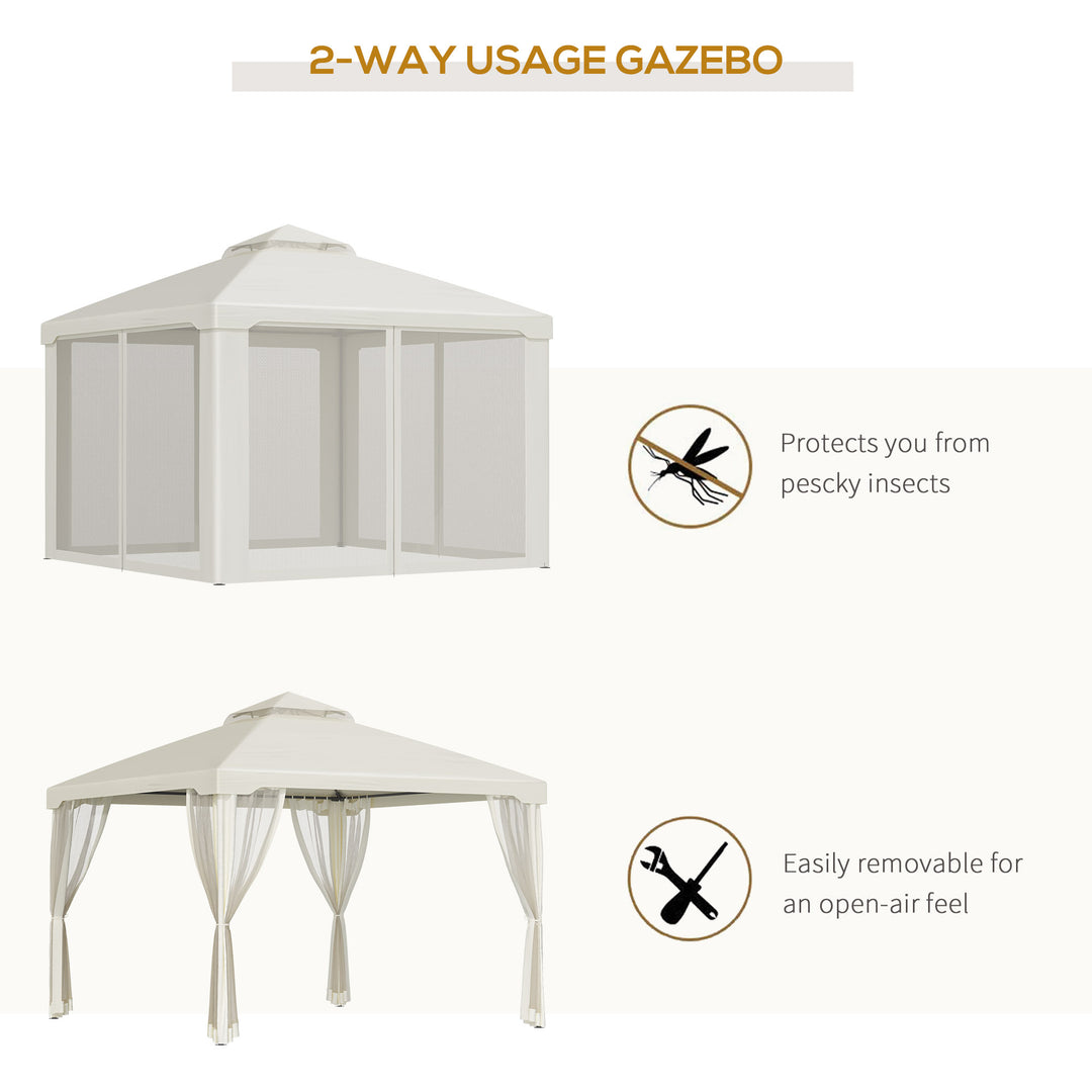 Outsunny 3 x 3 Meter Metal Gazebo Garden Outdoor 2-tier Roof Marquee Party Tent Canopy Pavillion Patio Shelter with Netting - Cream White