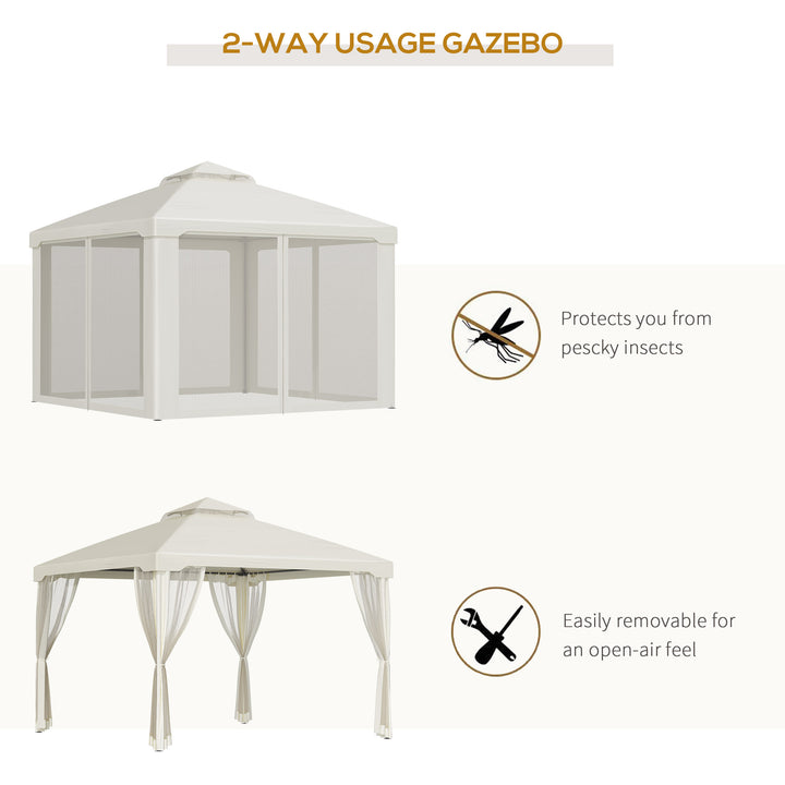 Outsunny 3 x 3 Meter Metal Gazebo Garden Outdoor 2-tier Roof Marquee Party Tent Canopy Pavillion Patio Shelter with Netting - Cream White