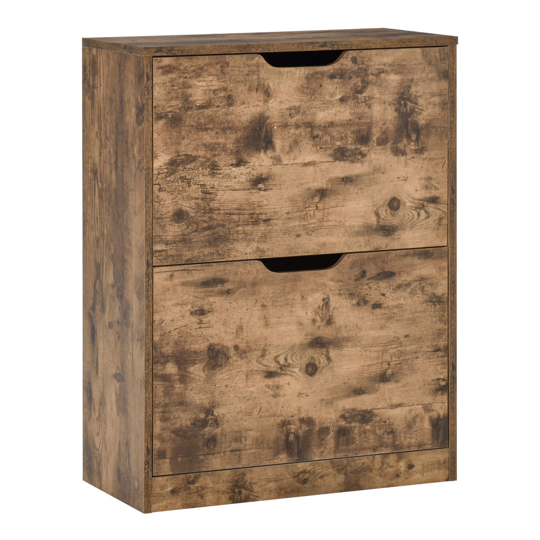 HOMCOM 2 Drawer Shoe Cabinet Industrial Shoe Cupboard Hallway Wooden Storage Organiser with Flip Doors Adjustable Shelf for 12 Pairs Rustic Brown