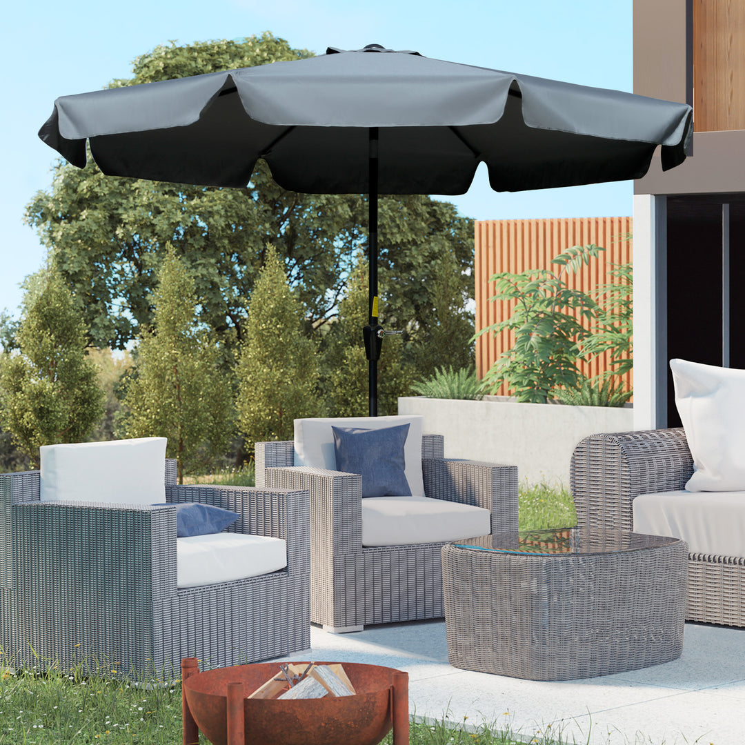 Outsunny 2.66m Patio Umbrella Garden Parasol Outdoor Sun Shade Table Umbrella with Ruffles, 8 Sturdy Ribs, Charcoal Grey