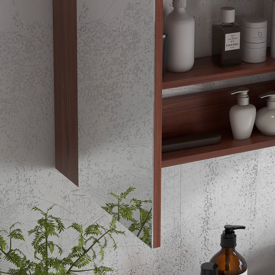 Wall Mounted Glass Bathroom Mirror Cabinet Storage Shelf, 63Wx60Hx13.5T cm-Light Walnut