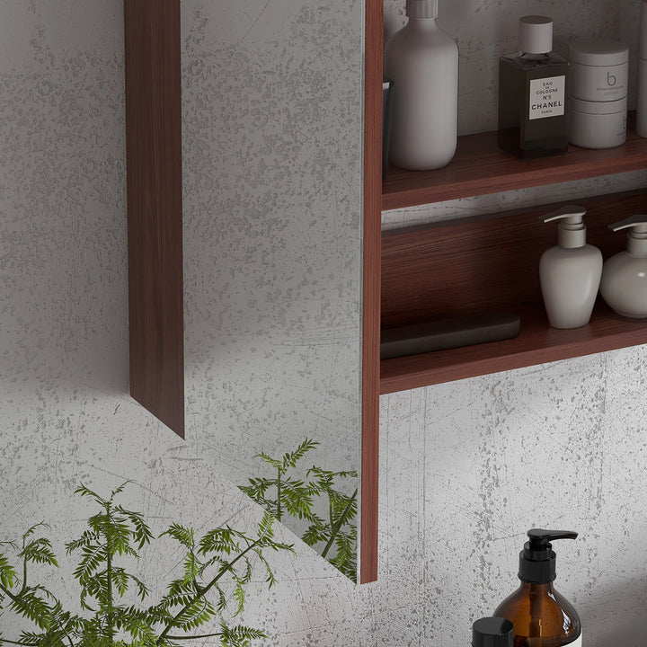 Wall Mounted Glass Bathroom Mirror Cabinet Storage Shelf, 63Wx60Hx13.5T cm-Light Walnut