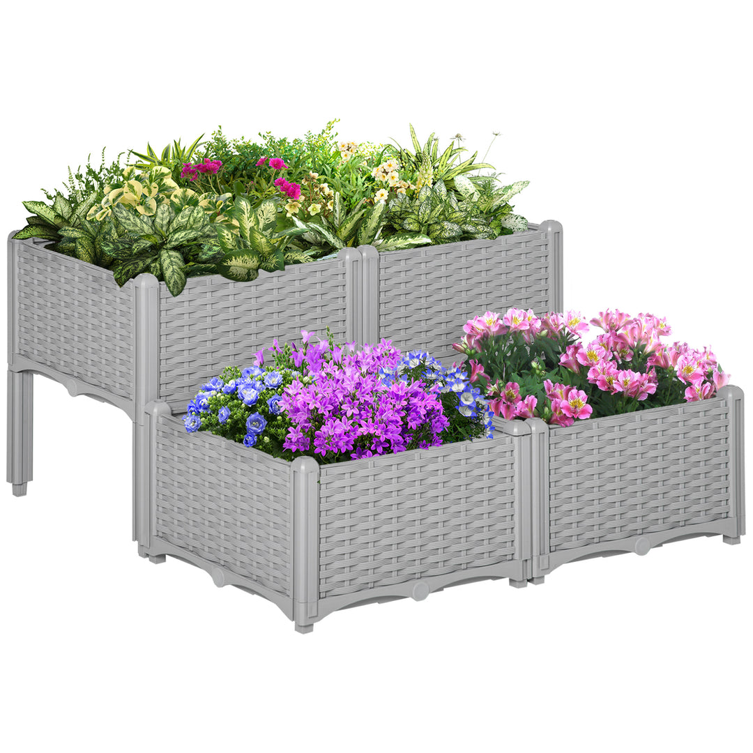 Outsunny Set of 4 Garden Raised Bed Elevated Patio Flower Plant Planter Box PP Vegetables Planting Container, Grey
