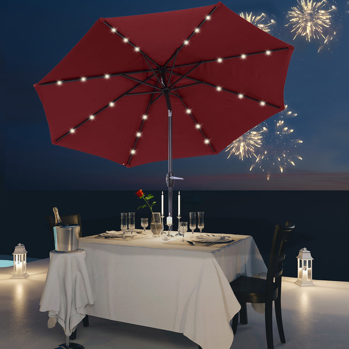 Garden 24 LED Light Parasol Sun Shade w/ Hand Crank and 8 Ribs 2.7M Red