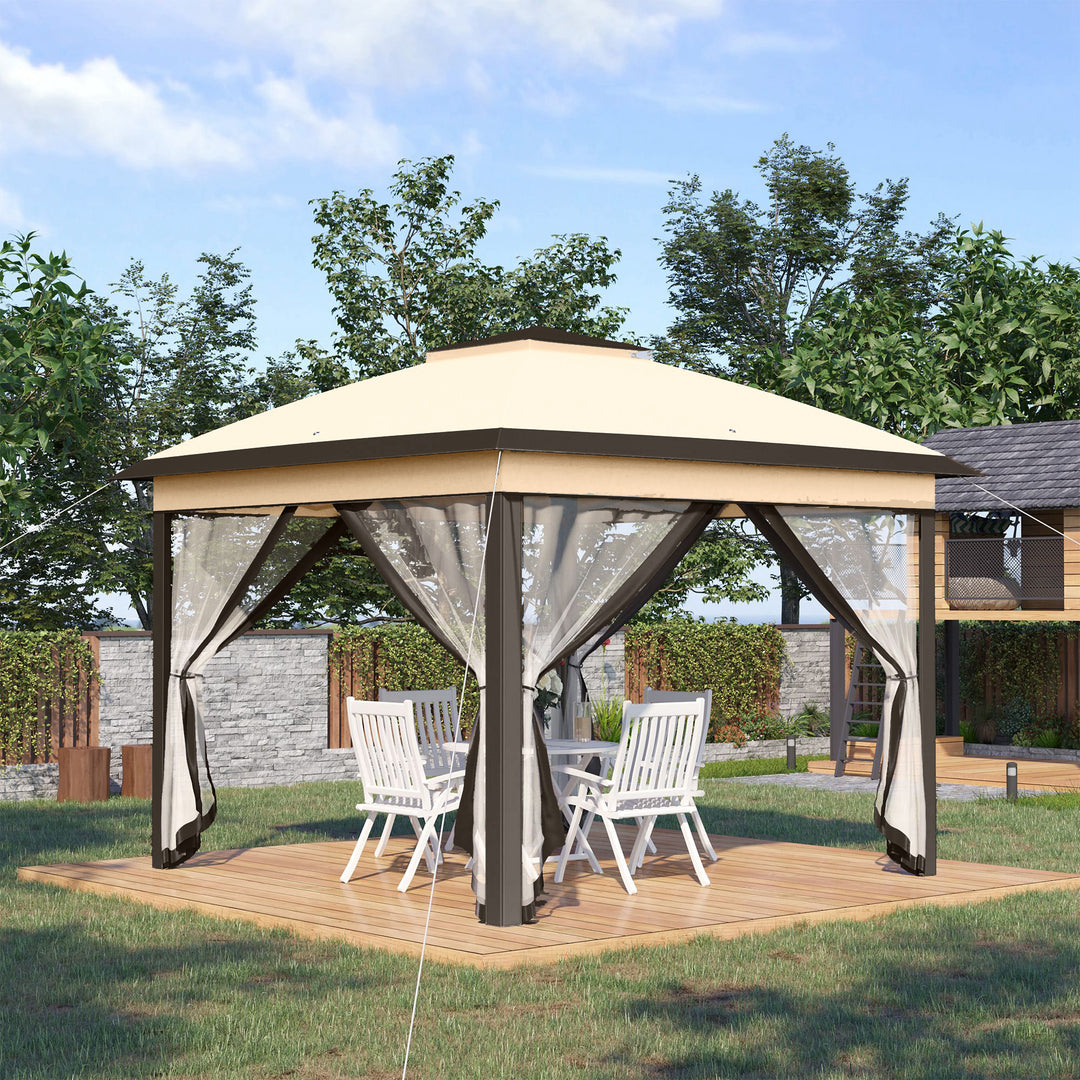 Outsunny 11' x 11' Pop Up Canopy, Double Roof Foldable Canopy Tent with Zippered Mesh Sidewalls, Height Adjustable and Carrying Bag, Event Tent Beige