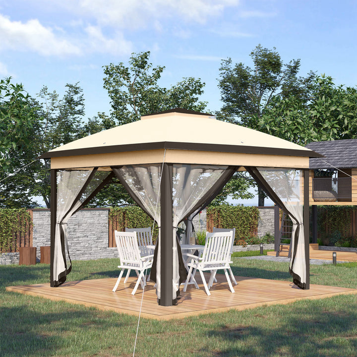 Outsunny 11' x 11' Pop Up Canopy, Double Roof Foldable Canopy Tent with Zippered Mesh Sidewalls, Height Adjustable and Carrying Bag, Event Tent Beige