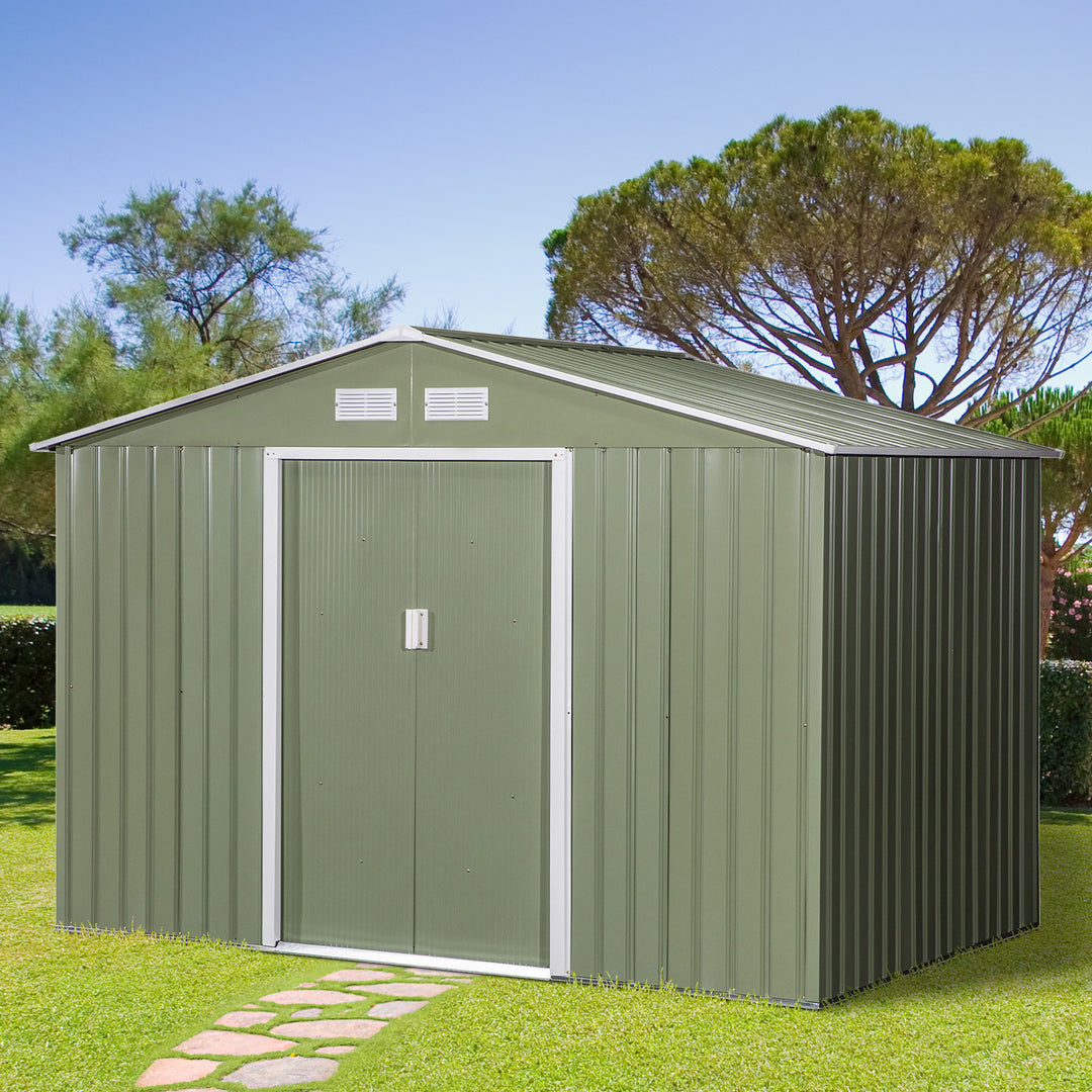 Outsunny 9 x 6 ft Metal Garden Storage Shed Corrugated Steel Roofed Tool Box with Foundation Ventilation and Doors, Light Green