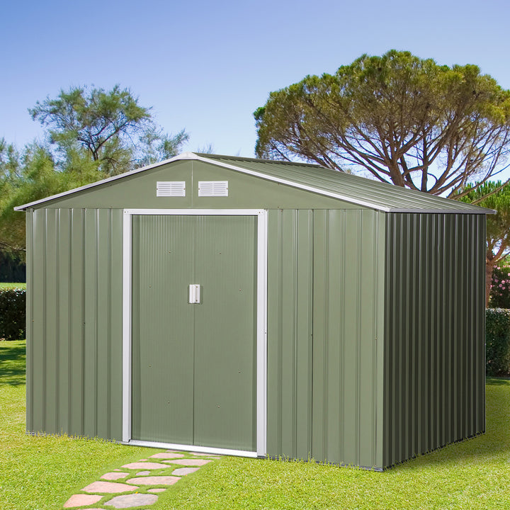 Outsunny 9 x 6 ft Metal Garden Storage Shed Corrugated Steel Roofed Tool Box with Foundation Ventilation and Doors, Light Green