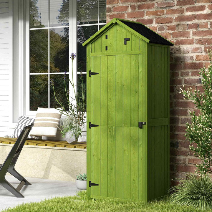 Outsunny Garden Shed Vertical Utility 3 Shelves Shed Wood Outdoor Garden Tool Storage Unit Storage Cabinet, 77 x 54.2 x 179cm - Green