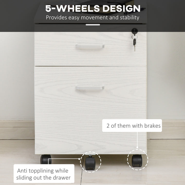 Vinsetto 2-Drawer Locking Office Filing Cabinet w/ 5 Wheels Rolling Storage Hanging Legal Letter Files Cupboard Home Organisation White