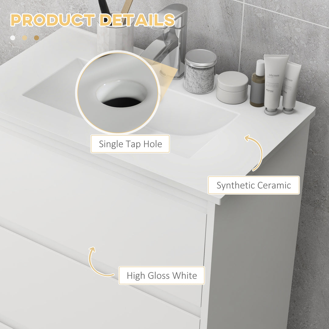600mm Bathroom Vanity Unit with Basin and Single Tap Hole, High Gloss White Floor Standing Bathroom Sink Unit with 2 Drawers