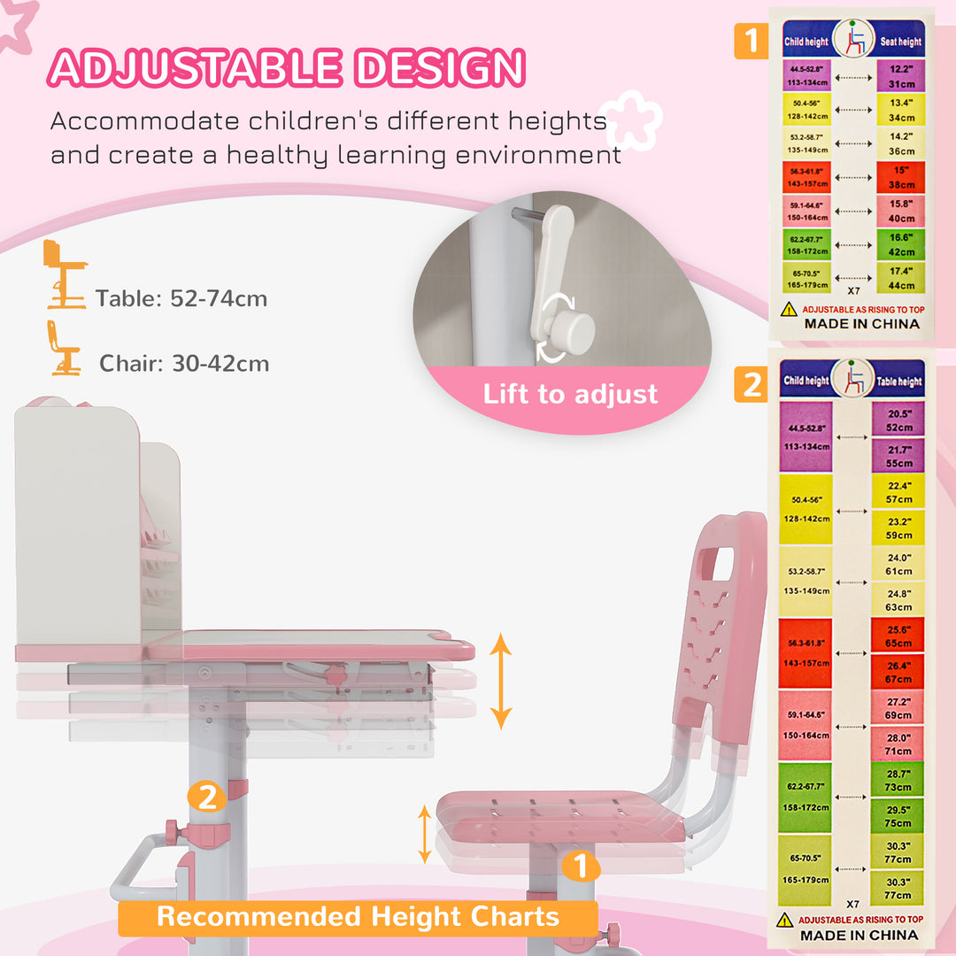 Height Adjustable Kids Study Table and Chair Set, with Drawer, Storage Shelf, Pink