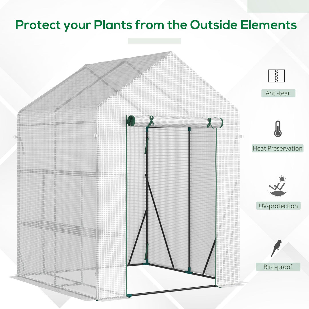 Outsunny Walk-In Greenhouse Portable Gardening Plant Grow House with 2 Tier Shelf, Roll-Up Zippered Door and PE Cover, 143 x 143 x 195 cm