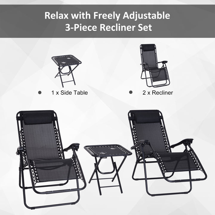 3pcs Folding Zero Gravity Chairs Sun Lounger Table Set w/ Cup Holders Reclining Garden Yard Pool, Black