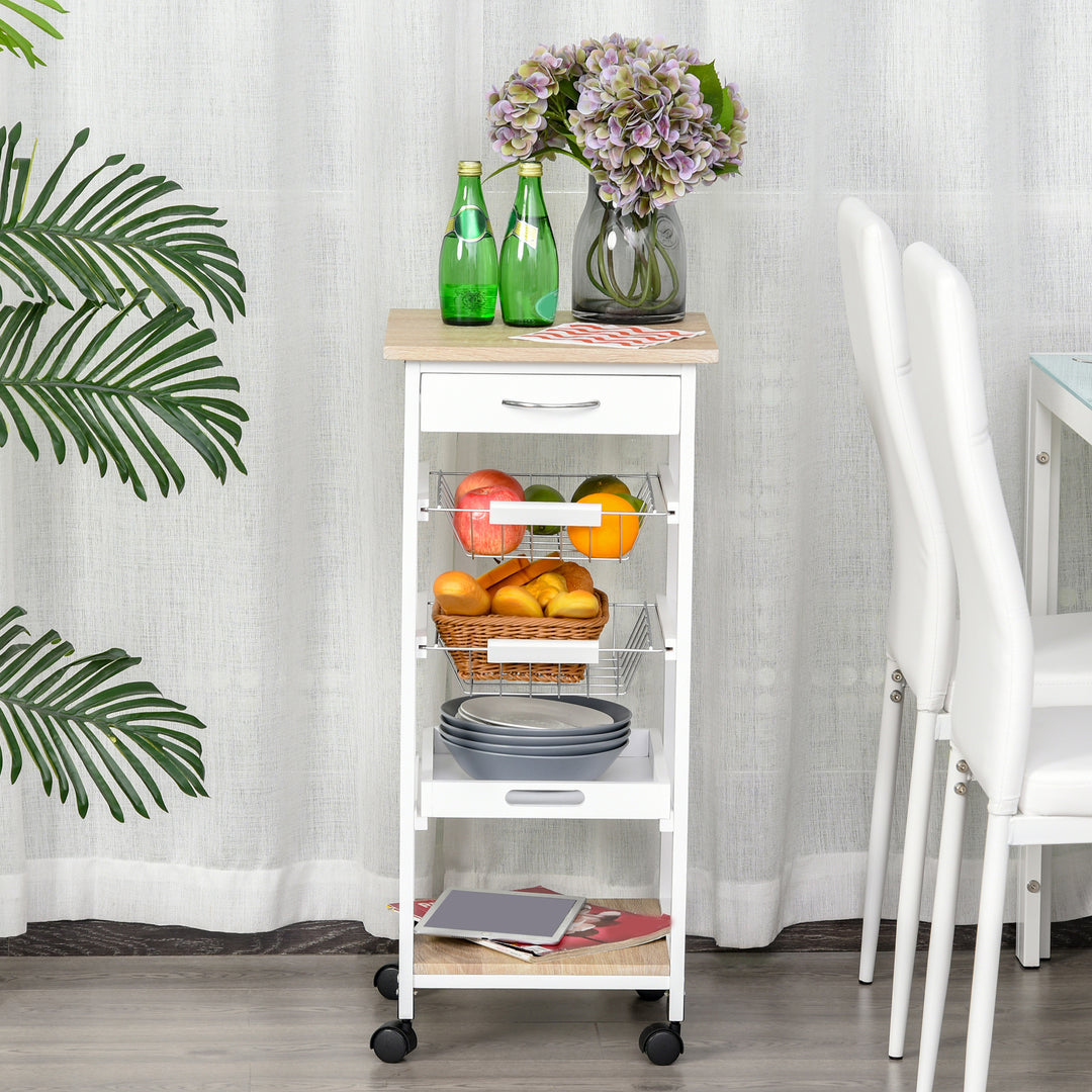 Mobile Rolling Kitchen Island Trolley for Living room, Serving Cart with Drawer & Basket, White