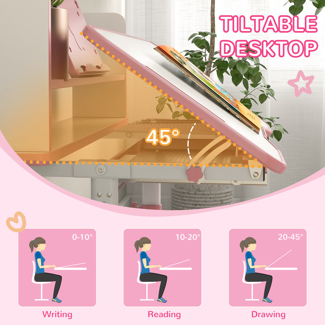 Height Adjustable Kids Study Table and Chair Set, with Drawer, Storage Shelf, Pink