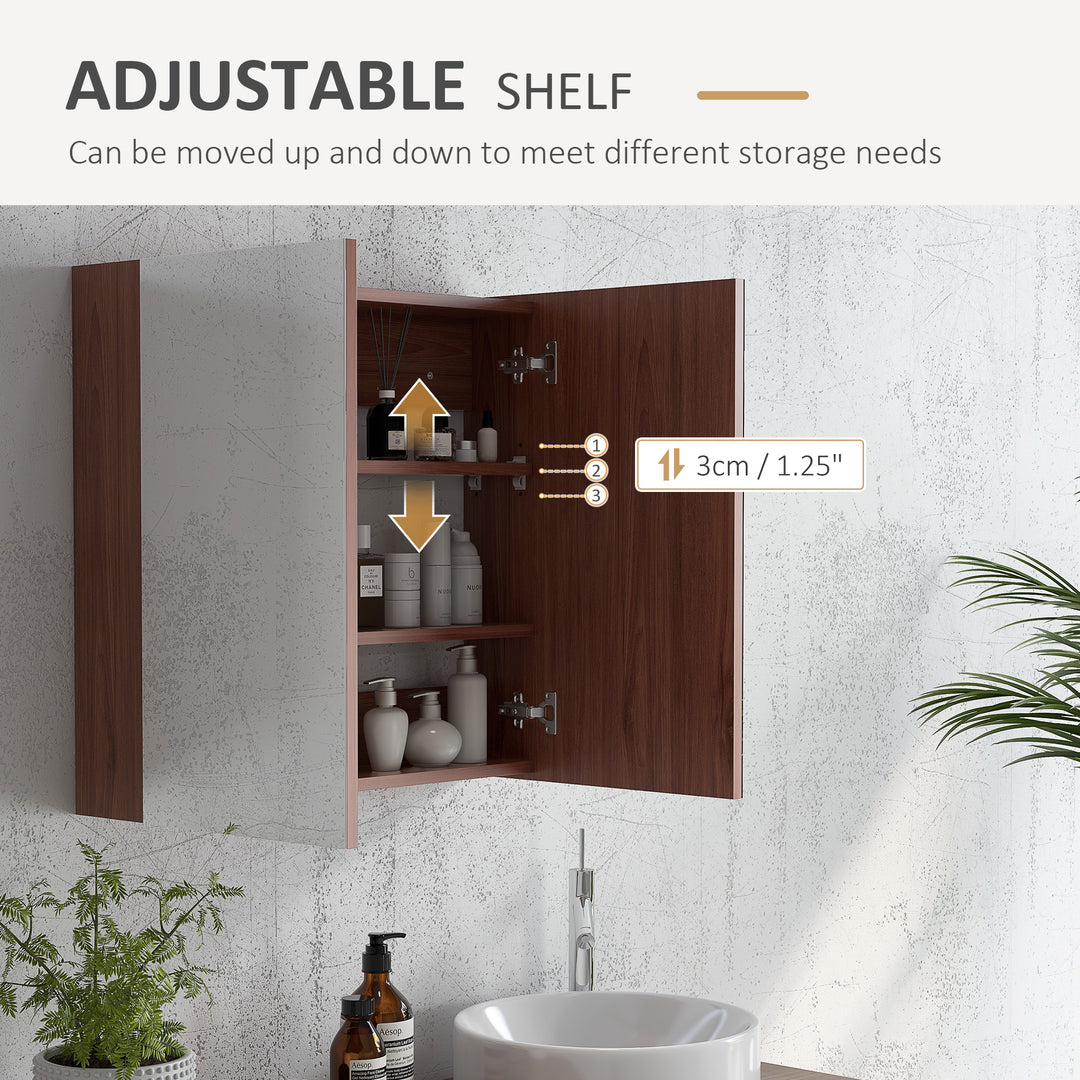 Wall Mounted Glass Bathroom Mirror Cabinet Storage Shelf, 63Wx60Hx13.5T cm-Light Walnut