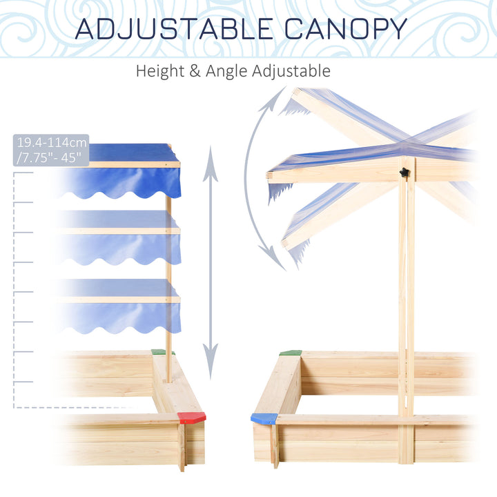 Kids Wooden Sandpit Children Cabana Square Sandbox Outdoor Backyard Playset Play Station Adjustable Canopy Bench Seat 120x120x120cm