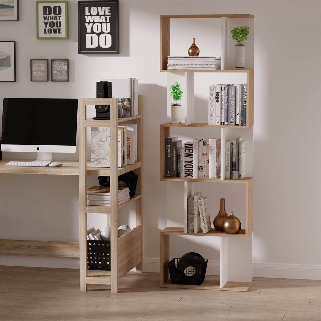 5-tier Bookcase Storage Display Shelving S Shape design Unit Divider White