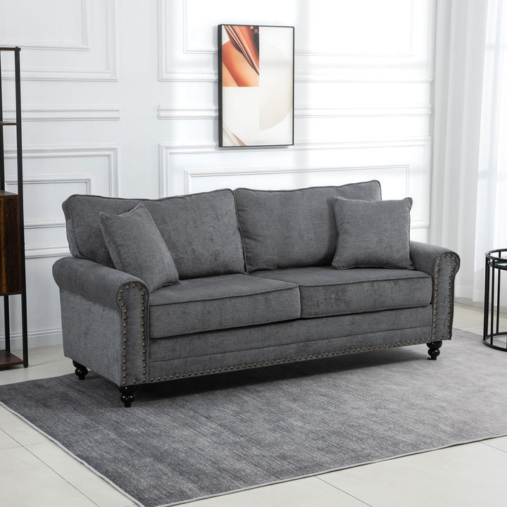 HOMCOM 2 Seater Sofas for Living Room, Fabric Sofa with Nailhead Trim, Loveseat with Cushions and Throw Pillows, Grey