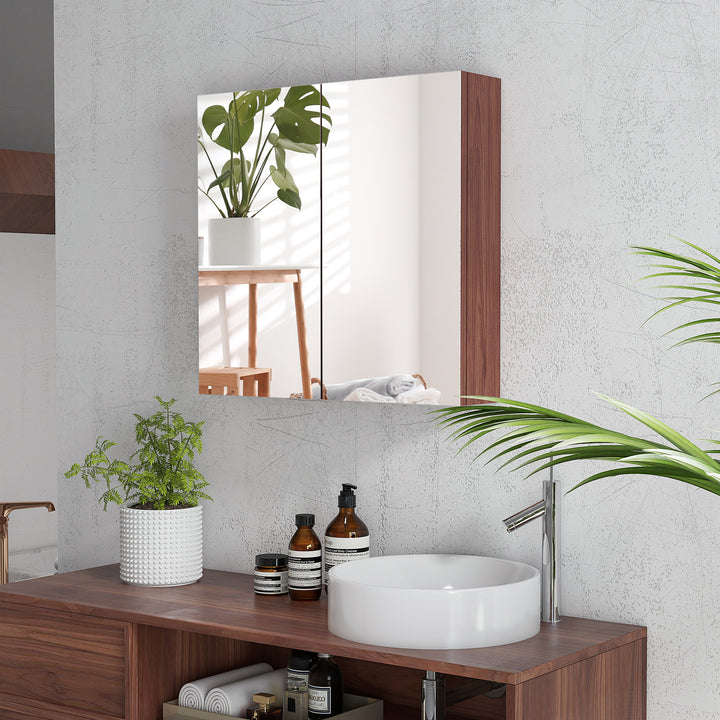 Wall Mounted Glass Bathroom Mirror Cabinet Storage Shelf, 63Wx60Hx13.5T cm-Light Walnut