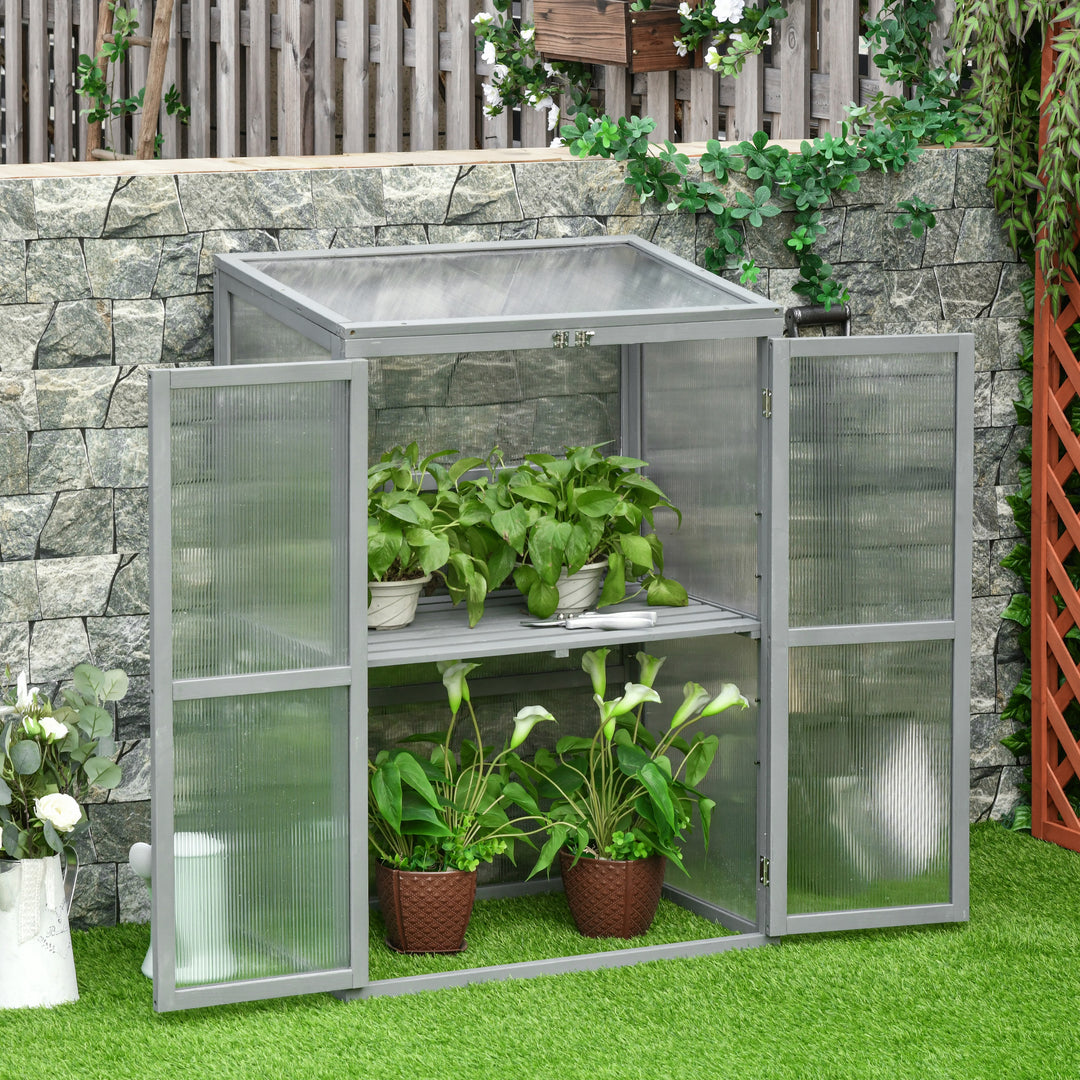 Outsunny Wooden Cold Frame Greenhouse Garden Polycarbonate Grow House w/ Adjustable Shelf, Double Doors, 76 x 47 x 110 cm, Grey