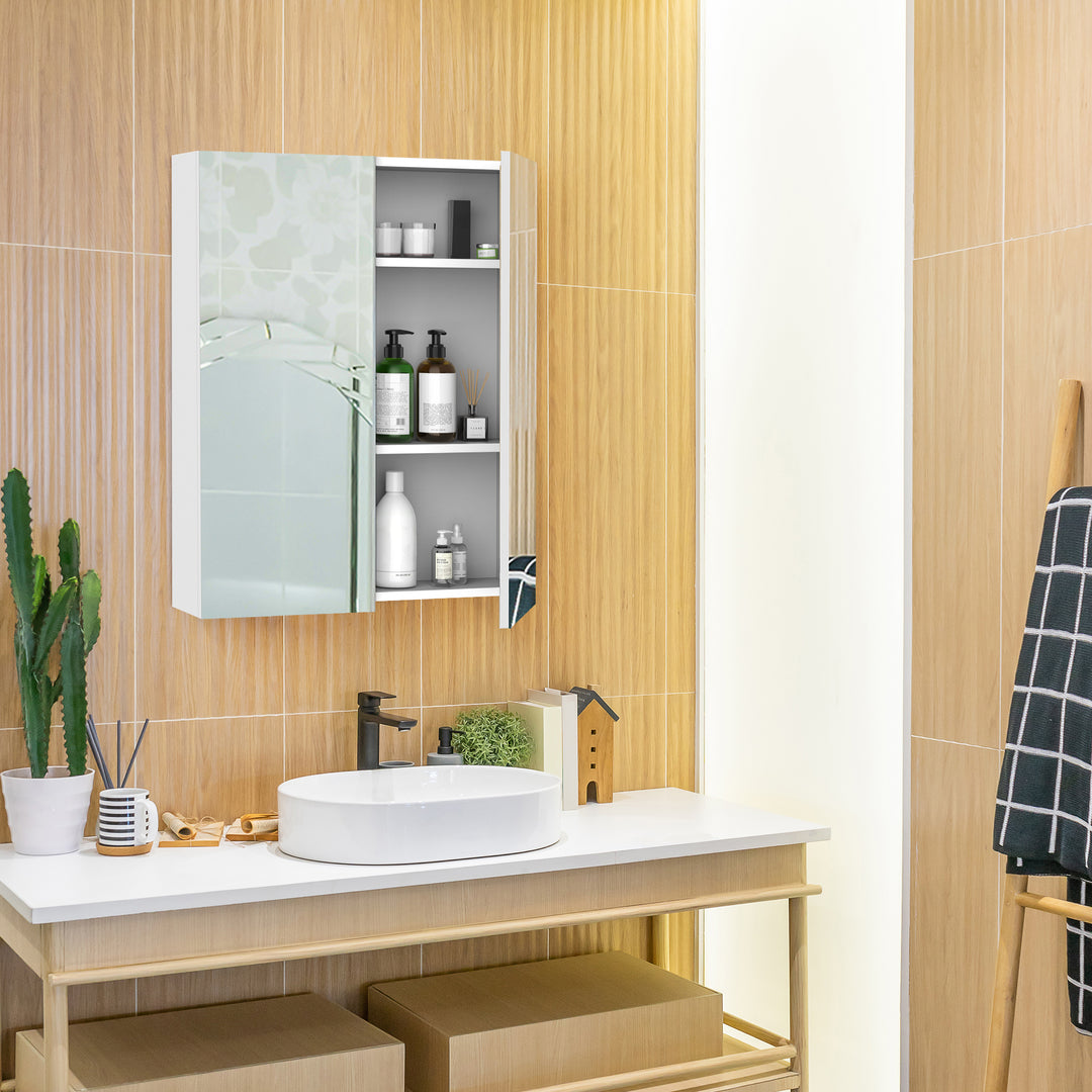 Bathroom Mirror Cabinet Wood Storage Shelf Wall Mount Double Door Cupboard Adjustable 60Wx15Dx75H - White