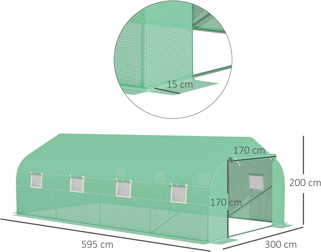6 x 3 m Large Walk-In Greenhouse Garden Polytunnel Greenhouse w/ Metal Frame, Zippered Door and Roll Up Windows, Green
