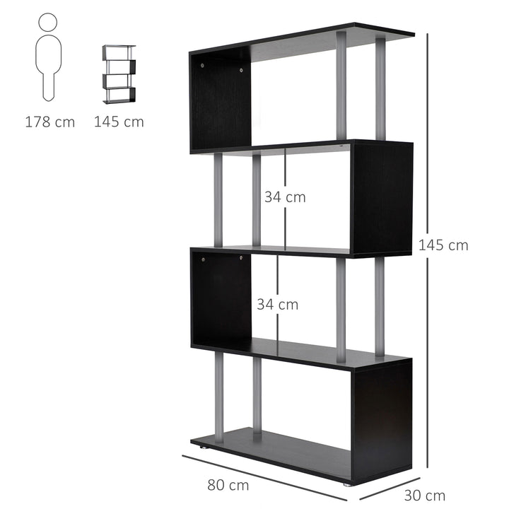 HOMCOM Wooden S Shape Bookcase Bookshelf Dividers Storage Display Unit Black