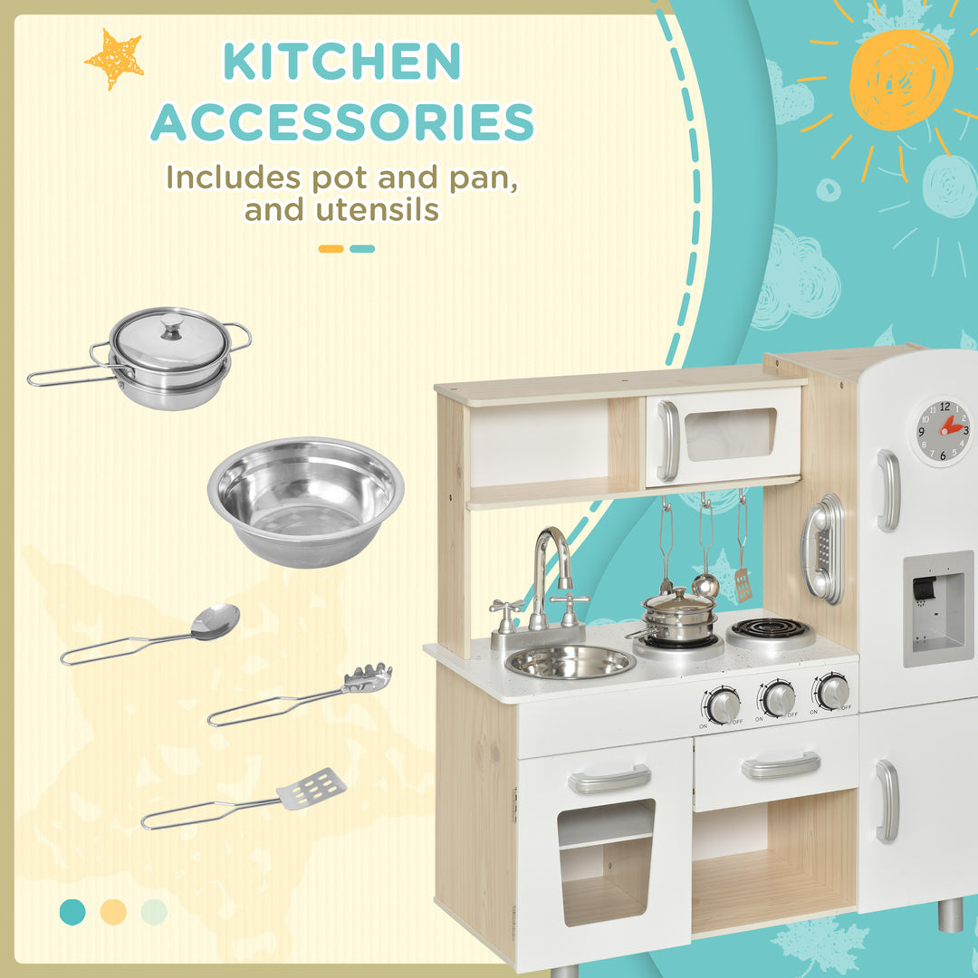HOMCOM Kids Kitchen Playset Luxury Kitchen Accessories Set Pretend Cooking Set with Telephone Ice Machine, White