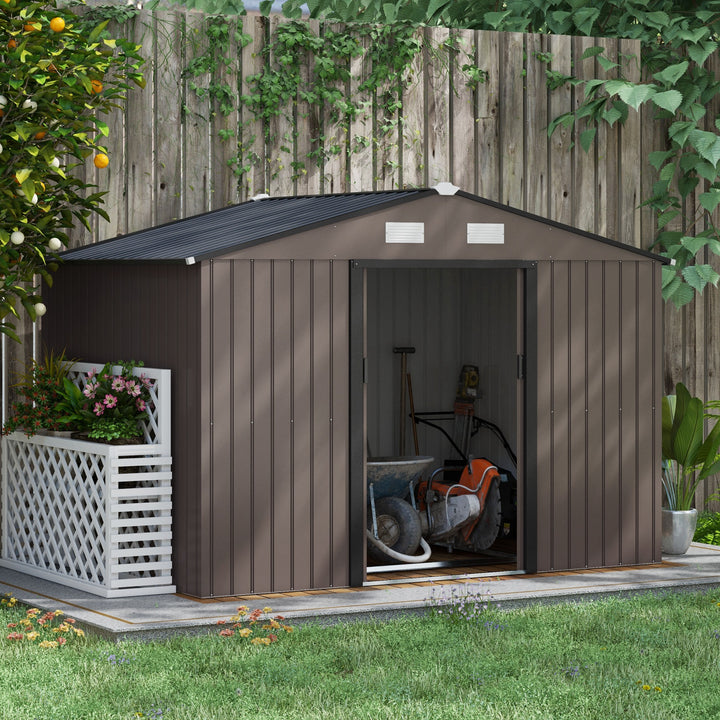 9 x 6FT Garden Metal Storage Shed Outdoor Storage Shed with Foundation Ventilation & Doors, Brown
