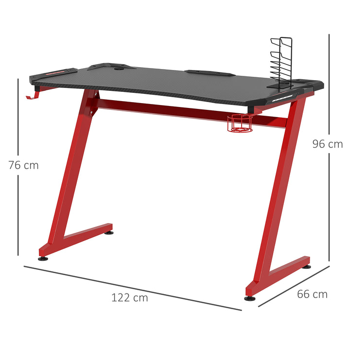 Gaming Desk, Ergonomic Home Office Desk, Gamer Workstation Racing Table, with Headphone Hook and Cup Holder, 122 x 66 x 86cm, Black and Red