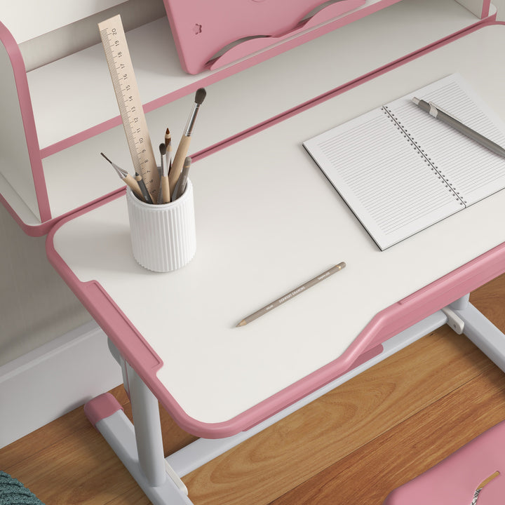 Height Adjustable Kids Study Table and Chair Set, with Drawer, Storage Shelf, Pink